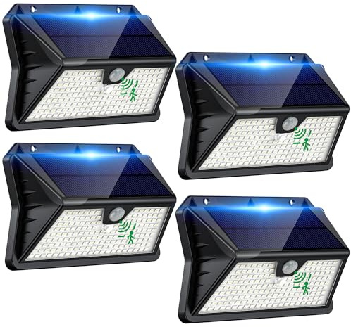 OUILA Solar Lights Outdoor Garden 185 LED Motion Sensor Security Lights, Solar Powered Wall Lighting with 3 Modes, IP65 Waterproof, Ideal for Patio, Fence, Driveway – 4 Pack Cool White