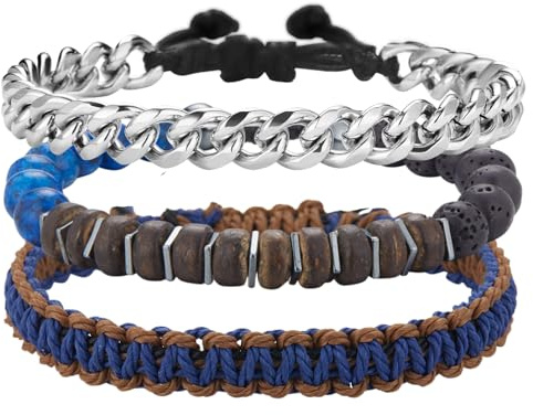 Dazylleco Bracciale in Pietre Naturali e Catena Cubana - Set di 3 in Corda Regolabile - Gioielli Fatti a Mano per Uomo