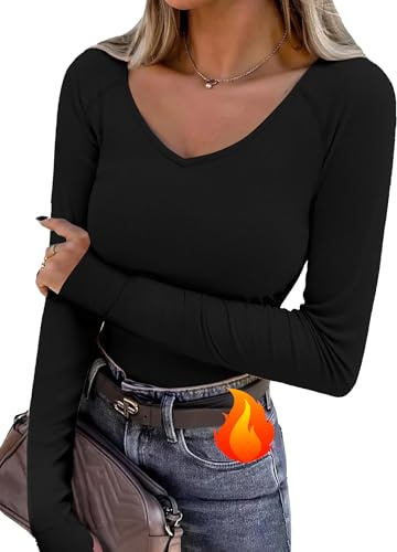 Wayleb Camiseta Térmica Mujer Manga Larga Cuello en V Ajustada Elástica con Agujeros para Los Pulgares Tops Deportivo de Invierno para Running y Gym