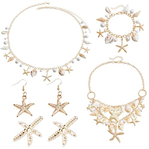 Byfoyif Jewelry, Juego de Collar de Conchas, Incluye Collar Conchas Mujer, Pulsera, Cinturón de Cadera, 2 Pendientes y 2 Horquillas Con Colgantes de Conchas y Estrellas de Mar para Mujer