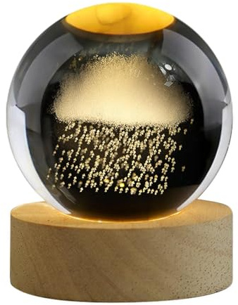 JDIEOQA Luce notturna a sfera di cristallo 3D, sfera di cristallo, luce notturna, sistema solare di vetro, con base in legno, per bambini, regali di astronomia, decorazione (nuvola&pioggia)