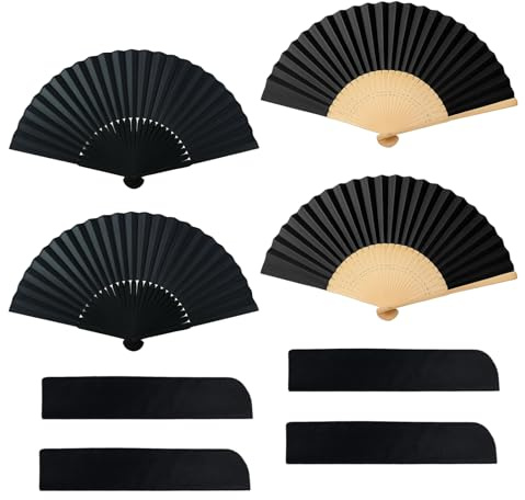 4 Stück Fächer Schwarz, Fecher Damen, Handfächer Faltventilator Fächer Mit 4 Schutzhüllen, Elegante Handfächer Für Faltbare Stoff, Hochzeit Geschenke, DIY Dekoration, Haus Dekorationen