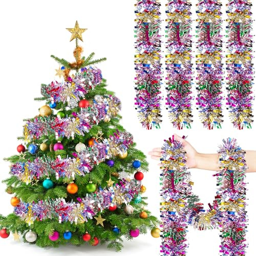 HCSSZ 32.8FT x 9CM Multi-Colored Christmas Tinsel Garland - Xmas Shiny Chunky Metallic Twist Thick Hanging Decorations for Tree, Wedding, Party Supplies
