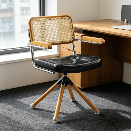 Zouron Rattan Desk Black Chair, Mid Century Modern Swivel Chair No Wheels, Faux Leather Upholstered Office Chair with Wood Legs, Accent Armchair for Home Office Living Room Bedroom