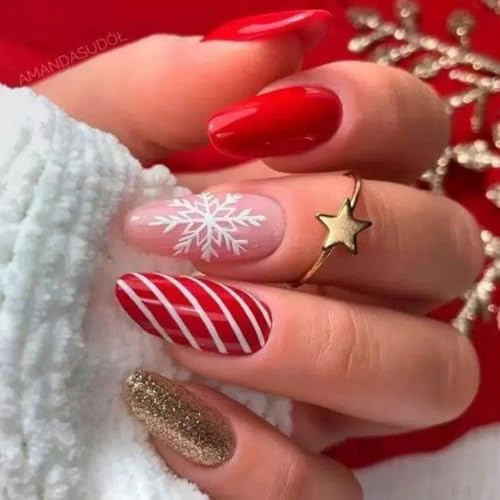 Ztcily Faux Ongles Noël Amande Long à Paillettes Rouge et Or, Motifs Fêtes Flocons de Neige, Kit 24 Pieces Faux Ongles Festifs Femme Fille