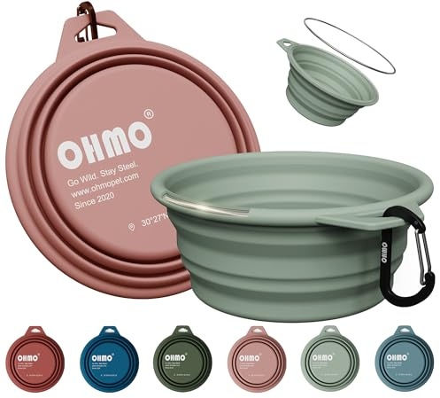 OHMO Hundskål vikbar med rostfri ring, 2 stycken 800 ml premium silikonskål för hundar och katter, robusta reseskålar för utomhus, camping, vandring