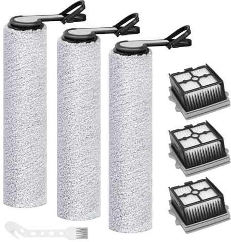 YYDSLEE Roller Brush and Filters Replacement Parts for Tineco Floor One Stretch S6/S7 Stretch Ultra/Switch S6 Cordless Wet Dry Vacuum Cleaner- 3 Roller Brushes + 3 HEPA Filters + 1 Cleaning Brush