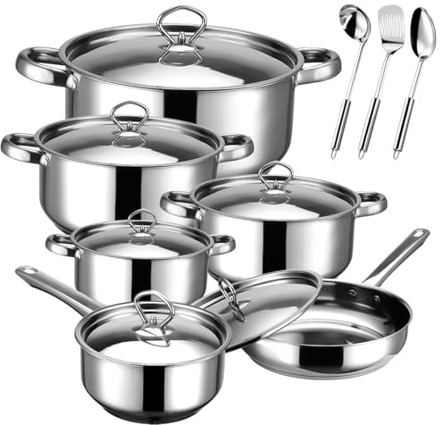 Hunnycook Ollas Cocina - 15 piezas, Cacerolas de Cocina Induccion, Que Incluye 4 Ollas, una Sartén, un Cazo y 3 Utensilios de Cocina, Asas Fijas, Apto Para Todo Tipo de Cocinas, Apto Para Lavavajillas