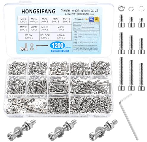 1200 Pcs M3 Nuts and Bolts Set, Stainless Steel Hex Socket Cap Screws | Assorted Nuts and Bolts with Lock & Flat Washers for DIY Repair with Wrench