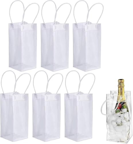 Flaschenkühler, Kühlmanschette Wein, Ice Bag, Transparent Sektkühler, PVC Tragbar Flaschenkühler Outdoor, Kühltasche für Flaschen Mit Griff, Flaschen Tragetasche Verwendet, 6 Stück