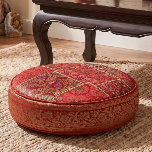 GURU SHOP Orientalisches Rundes Patchwork Kissen 40 cm, Sitzkissen, Bodenkissen mit Baumwollfüllung - rot