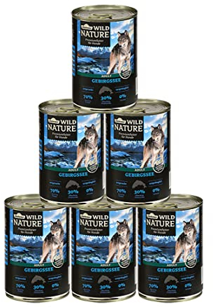 Dehner Wild Nature Hundefutter Gebirgssee, Nassfutter getreidefrei / zuckerfrei, für ausgewachsene Hunde, Lachs / Huhn, 6 x 400 g Dose (2.4 kg)