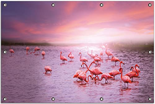 Wallario Outdoor-Poster für Garten oder Balkon Rosa Flamingos bei Sonnenuntergang, Motivbanner Größe: ca. 80 x 120 cm, Outdoor-Bild