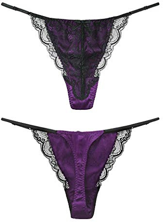 SilRiver Dam silke spets G-string stringtrosa, sexiga T-back underbyxor med mjuk satin, Kungslila, L-XL