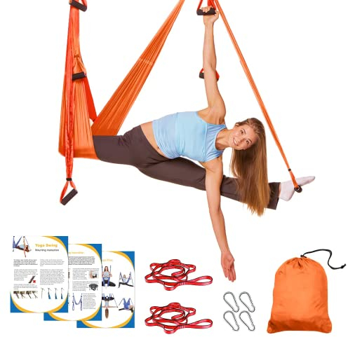 Sotech Aerial Yoga Schaukel Yoga Hängematte Set mit Tragetasche und Verlängerungsgurten, Trapez Sling für Home Gym Anti-Schwerkraft Inversion Pilate Fitness, bis 300KG belastbar, Orange/Rot