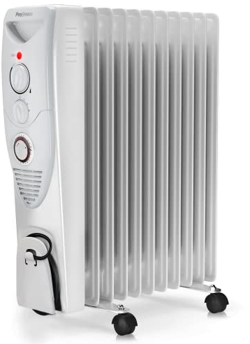 Pro Breeze Radiatore ad Olio 2500W, 11 Elementi - Riscaldatore Elettrico Portatile - Timer Incorporato, 3 Livelli di Calore, Termostato e Spegnimento Automatico di Sicurezza - Bianco
