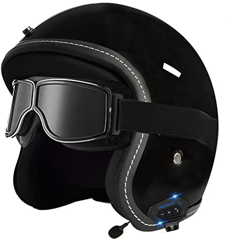 Bluetooth Jethelm mit Visier Retro Pilotenhelm Qualität nach ECE-Norm Roller-Helm für Frauen und Herren im Vintage-Look, Motorrad-Helm mit Schutzbrille