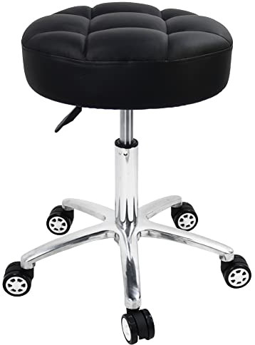 WKWKER Deluxe Runde höhenverstellbarer Rollhocker Hochelastischer Super Soft Foam Sitz mit Aluminiumlegierung Basis für Office Tattoo Spa Gesichtsmassage Hocker (Schwarz)
