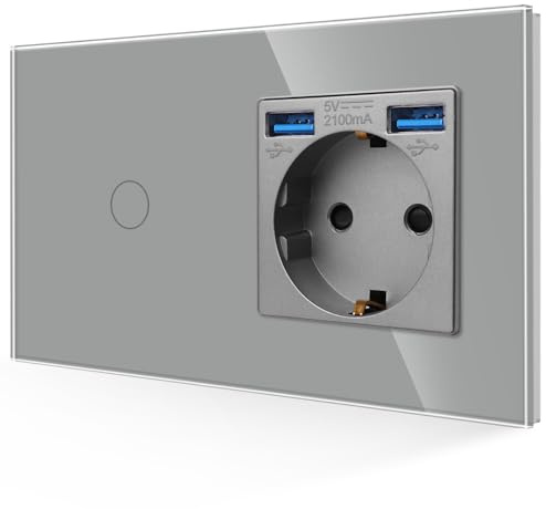 JIMEIDA Glas Touch Lichtschalter mit Steckdose, 1-Fach Unterputz mit USB-C | Touch Glas grau,USB (A+A), 16A Steckdose, Blau LED, Feuerfest PC, VDE-geprüft, 86x157mm