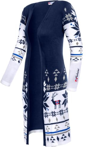 Nebulus Damen Jacke NOORS, warme Strickjacke, Strickmantel im Norweger-Style, Navy-weiß - M/38