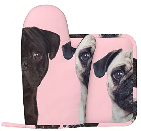 Hund Ofenhandschuhe und Topflappen Set für Küche Kochen und Backen und Mikrowelle Silikon Anti-Heiße Handschuhe + Anti-Heiß-Pad (Linke Handschuhe)