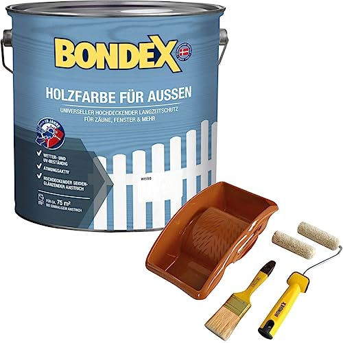 Bondex Holzfarbe für Außen 7,5 L Weiß | Aktionspaket mit Streichset | für ca. 75 m² | Wetter- & UV-beständig | atmungsaktiv | seidenglänzend