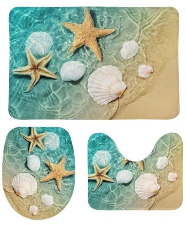 Starfish Seashell Beach Contour Bath Mat Set - Non-Slip Toilet Lid Cover