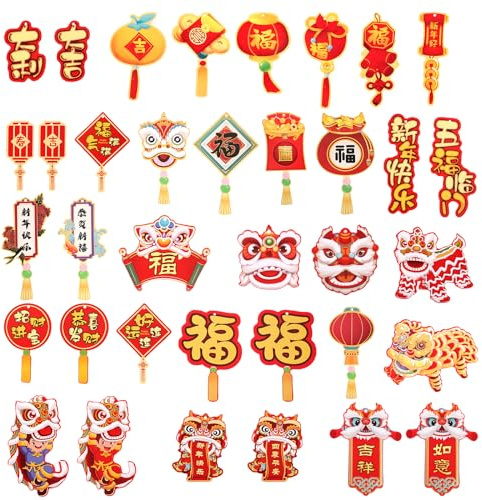 48pcs Chinese News Year Hanging Decoration 2024 Spring Festival Ornaments Set Fu Character Red Lantern Awakening Lion Hanging Cards Spring Festival Tree Decoration Pendants Supplies for Party