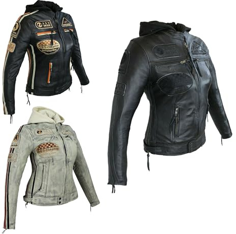 EURO STARS Damen Motorradjacke Lederjacke Damen Jacke mit Protektoren Lederjacke mit Kapuze Leather Jacket Biker Jacket Custom Jacke (DE/NL/SE/PL, Alphanumerisch, 4XL, Regular, Regular, Schwarz)