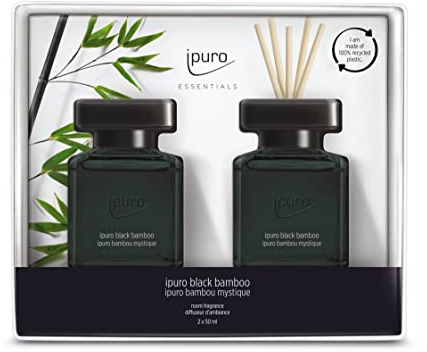 ipuro - Essentials Raumduft BLACK BAMBOO 2x50ml | Raumerfrischer mit Jasmin, Zitrone, Apfel, & Holzige Amber-Moschus Note Duft Aroma | Diffuser mit Stäbchen | Lufterfrischer für die Wohnung