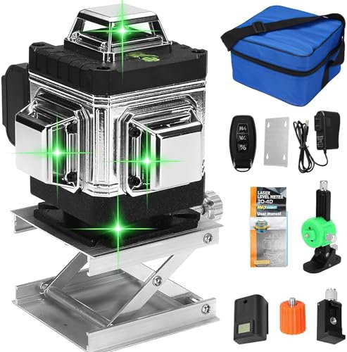 Niveau Laser 4 x 360°, 3D 16 Lignes Laser Rotatif Horizontal Vertical d'outil, Outil Laser à croix vertes pour Construction et fixation d'Images, IP54, Batterie Rechargeable incluse