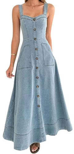 chouyatou Women's Adjustable Strap Midi Long Denim Dress 2025 Button Down A-Line Swing Flowy Jean Dress (Medium, Light Blue)