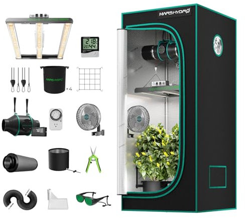 MARS HYDRO Set completo di lampade a LED FC-E1500 spettro completo, dimmerabili, con tenda da coltivazione 80X80X160cm con set di ventilazione da 4” e filtro al carbonio con controller digitale