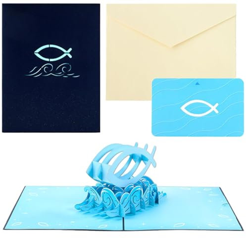 Karte Taufe Fisch Christlicher,Christian Fisch 3D Grußkarten,Wiederverwendbar Pop-Up Karte Fisch Kommunionkarte Karte für Jungen Mädchen Kommunion Konfirmation Taufe Deko