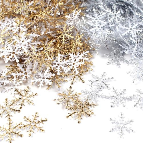 600 unidades de copos de nieve decorativos, decoración de mesa de Navidad, decoración de Navidad, color dorado, decoración navideña pequeña, purpurina, decoración de Navidad, invierno, blanco, copo de