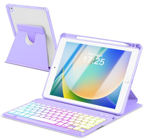 EAMPANG Custodia con tastiera per iPad 9a 8a 7a generazione da 10,2 pollici, tastiera wireless rimovibile retroilluminata arcobaleno con custodia magnetica girevole con portamatite per iPad Air 3a