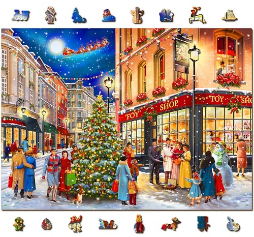WOODEN.CITY Weihnachtspuzzle aus Holz 1000 Teile - Weihnachtsstraße - 1000 Teile Urlaubspuzzle für Erwachsene - Perfekte Winteraktivität - Made in EU