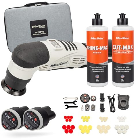 Maxshine 3 Pieces Professional Mini Cordless Polisher with Cutting & Polish Compound Kit (M0312 V2) - Lightweight (1.93 lbs), 6-Speed, DA/Rotary Polisher - Portable Auto Detailing Tool