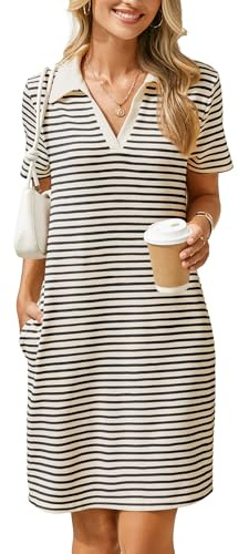 Glamaker Women T Shirt Summer Dress Casual Business Mini Loose V-Neck Short Sleeve Striped Dresses Pockets 2025 Trendy (X-Large,Striped Black)