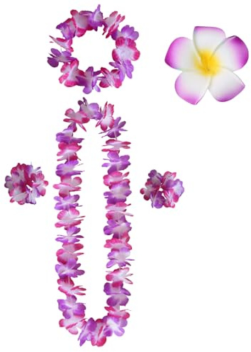 Lilbitty 5Pcs Blumenkette Deko Leis Blumenketten Hawaii Ketten Blumen Mit Halskette Stirnband Armband Haarclips, Luau Blumengirlande FüR Hawaii Strandpartys Hochzeit, rosarot