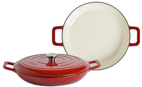 Argon Tableware 2.3L Shallow Cast Iron Casserole Dishes with Self-Basting Lids - Red Ombre - 2 Pack Induction Hob Cooking 2.43QT Dutch Oven Bread Baking Serving Roasting Stew Stock Pot Cookware Pan