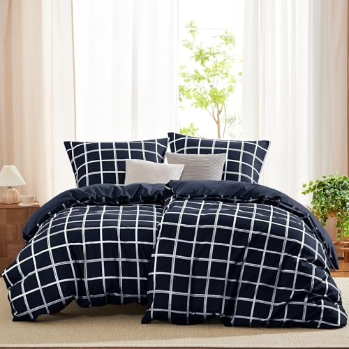 WAVVE Parure de lit 4 pièces en microfibre 135 x 200 cm - 2 taies d'oreiller 80 x 80 cm - Certifié Öko-Tex - Motif à carreaux bleu - Avec fermeture éclair