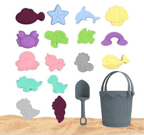 CHSEEO Jeux de Plage, Plage Bebe en Silicone, Jouet de Plage Enfant, 18 Pièces avec Seau Plage Pliant, Modèle Animal, pour Bac a Sable Intérieur Extérieur Jouets de Jardin