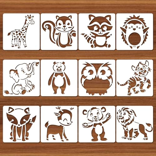 Lot de 12 pochoirs d'animaux pour enfants - Design textile - Lavable - Pour vêtements de bricolage, sacs à dos, décorations murales - 12 x 13 cm