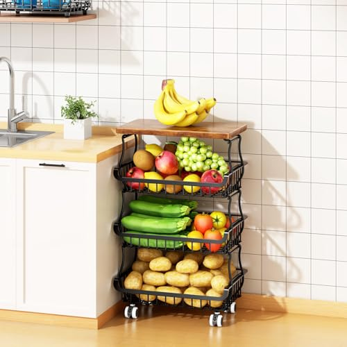 Jusdyrack 4 stöckiger Aufbewahrungswagen mit Rollen Gemüseregal Stapelbare Metall-Körbe für Vorratsschränke Küche Obst Gemüse Aufbewahrung Snacks Getränke & Badezimmer Kitchen Trolley