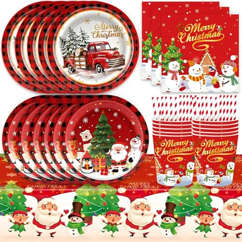 61Pcs Christmas Paper Party Tableware Set,Xmas Santa Snowman Print Table Decoration Paper with Cups,Tablecloth,Plates Napkins and Straws for Christmas Eve Home Party Favors Supplies