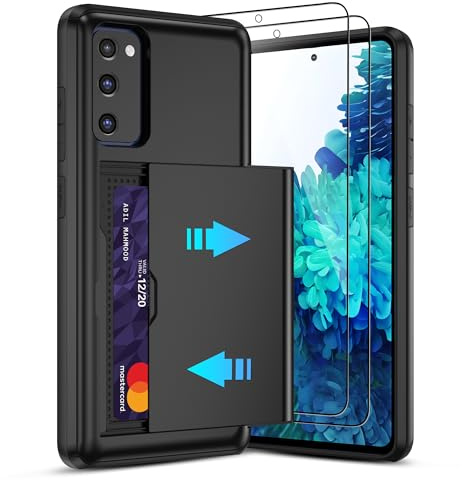 Pilaru Sliding Card Holder Case for Samsung S20 FE | Hidden Slot Cards | 2 screen protectors | Shockproof & Anti-Slip Protective Wallet Cover | Durable Dual-Layer Design for Galaxy S20 FE,Black