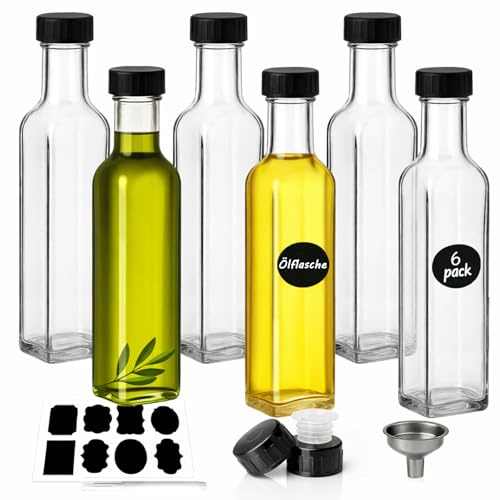 WERTIOO Ölflasche 8.5oz/250ml, 6 Stück Olivenöl Flasche, Soßenflasche Glas, Essig und Ölflaschen set Perfekt zum Aufbewahren von Saucen und Getränken
