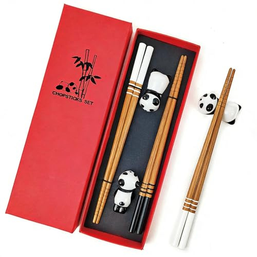 Rpanle Baguettes Chinoises, 2 Paires Reutilisable Baguettes Japonaises en Bambou Avec 2 Support en Céramique, Pour Maison, Restaurants Et Cadeaux