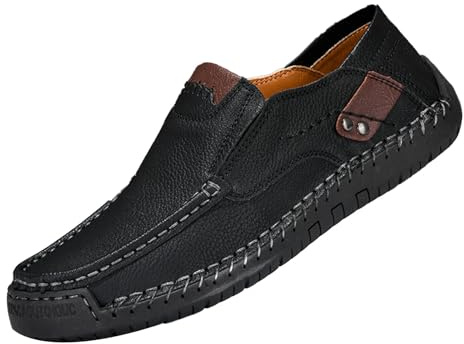 Mocassini estivi leggeri da uomo in pelle, scarpe da lavoro senza lacci, scarpe da barca con suola piatta, scarpe traspiranti, con fagioli, taglie grandi, comode, Nero , 40 EU